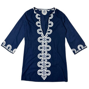 Anya Hindmarch Beach NWOT Tunic Dress Coverup Navy Blue Boho White Cotton Small